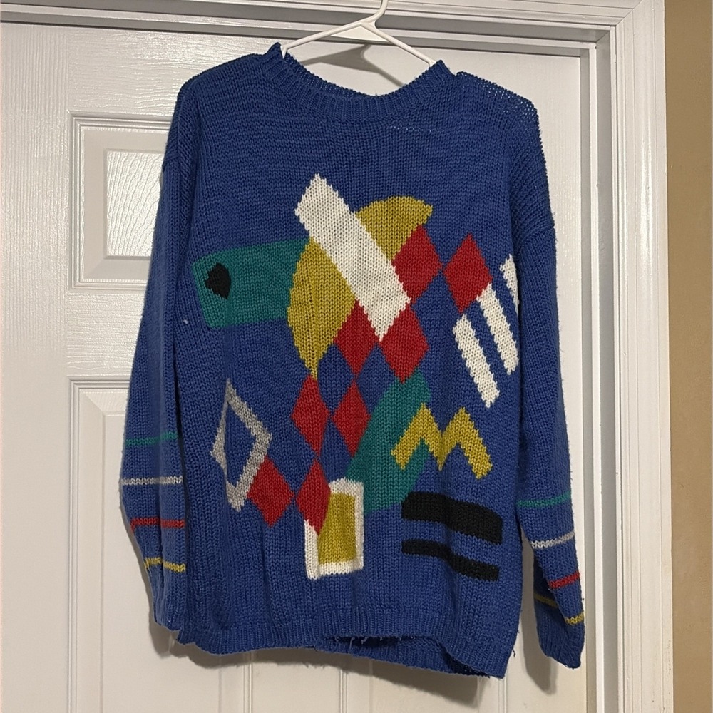 Vintage 80s Abstract Acrylic Knit Sweater Womens Size Medium Retro New Wave